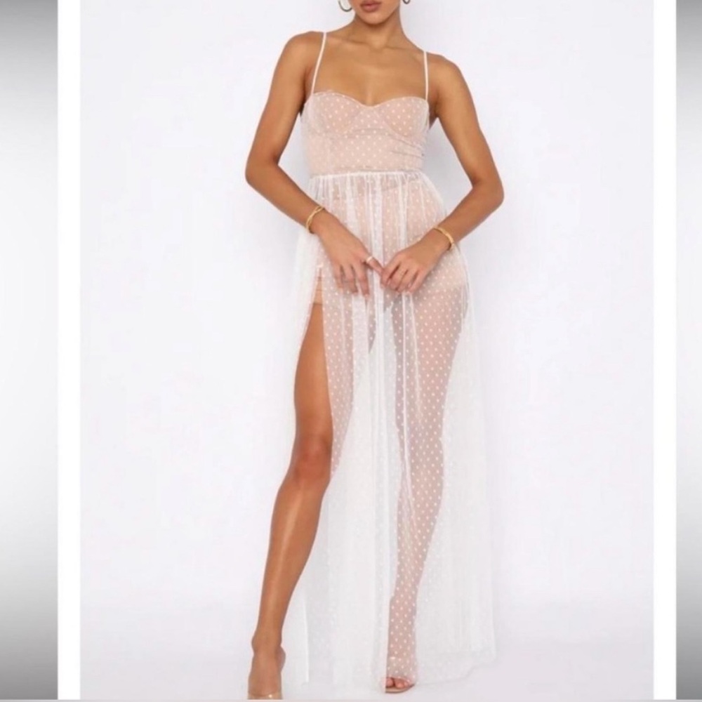 White Fox Boutique Nude & White Sheer Mesh Maxi Dress